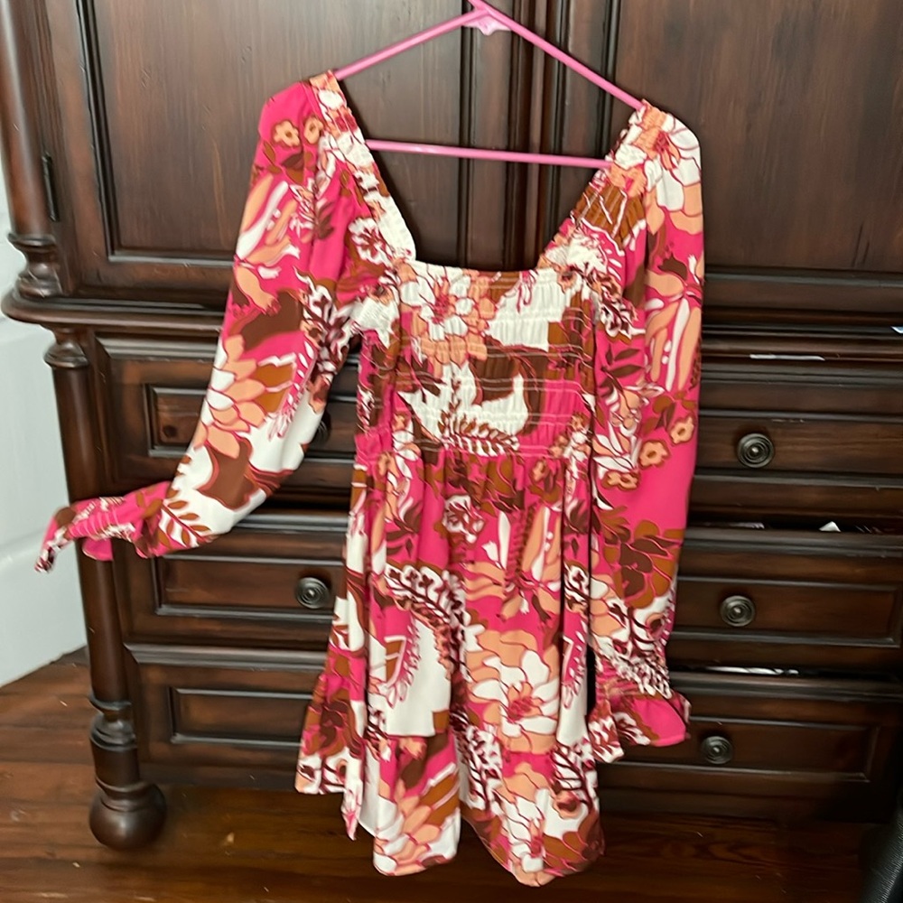 Smocked square neck long sleeve floral dress
